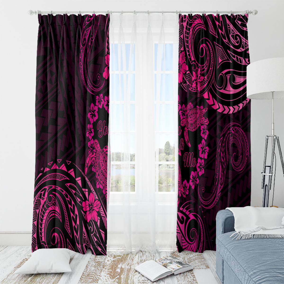 Polynesian Turtle Valentine Window Curtain You And Me Pink Hibiscus Heart LT01 - Polynesian Pride
