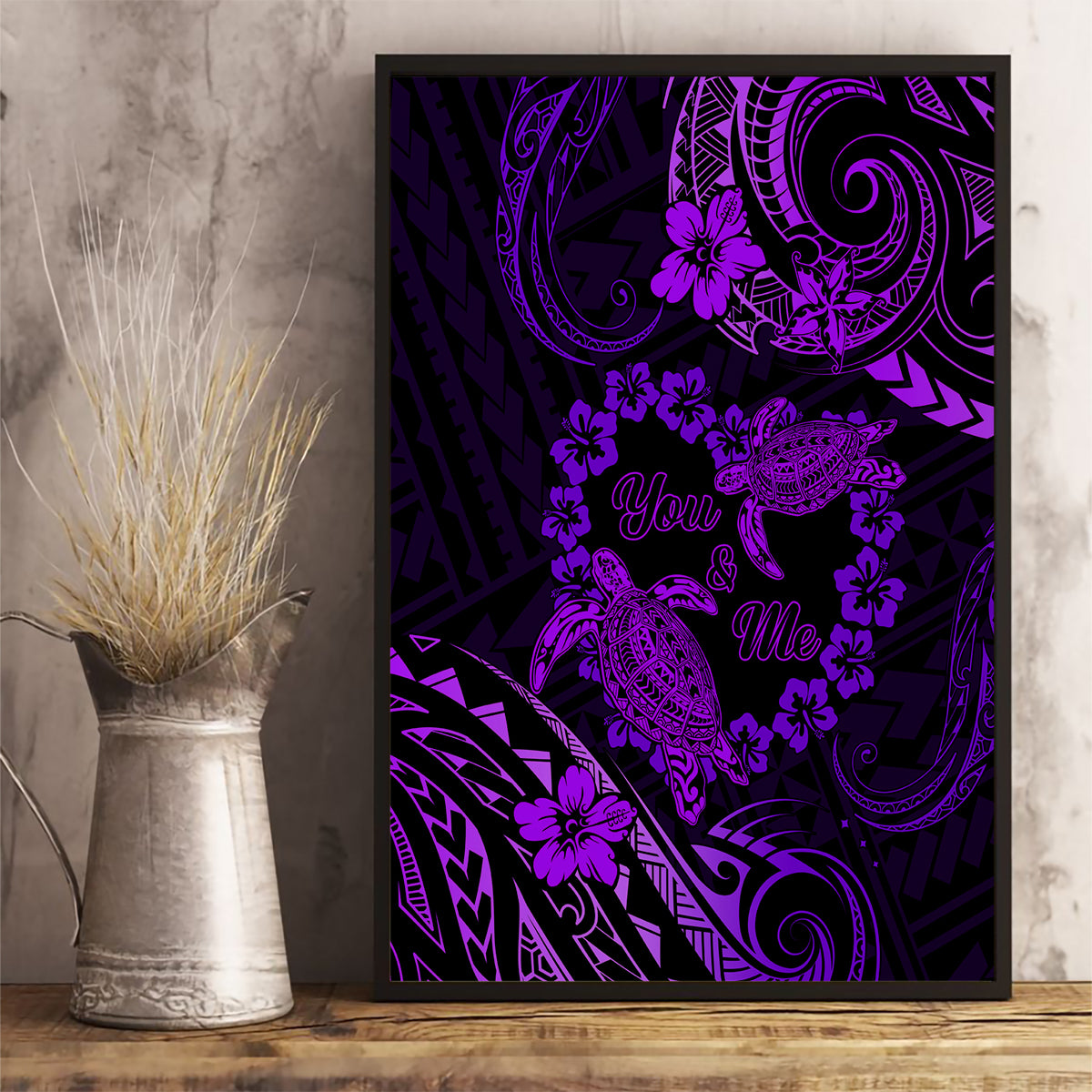 Polynesian Turtle Valentine Canvas Wall Art You And Me Purple Hibiscus Heart LT01 - Polynesian Pride