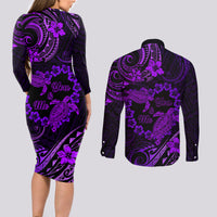Polynesian Turtle Valentine Couples Matching Long Sleeve Bodycon Dress and Long Sleeve Button Shirt You And Me Purple Hibiscus Heart LT01 - Polynesian Pride