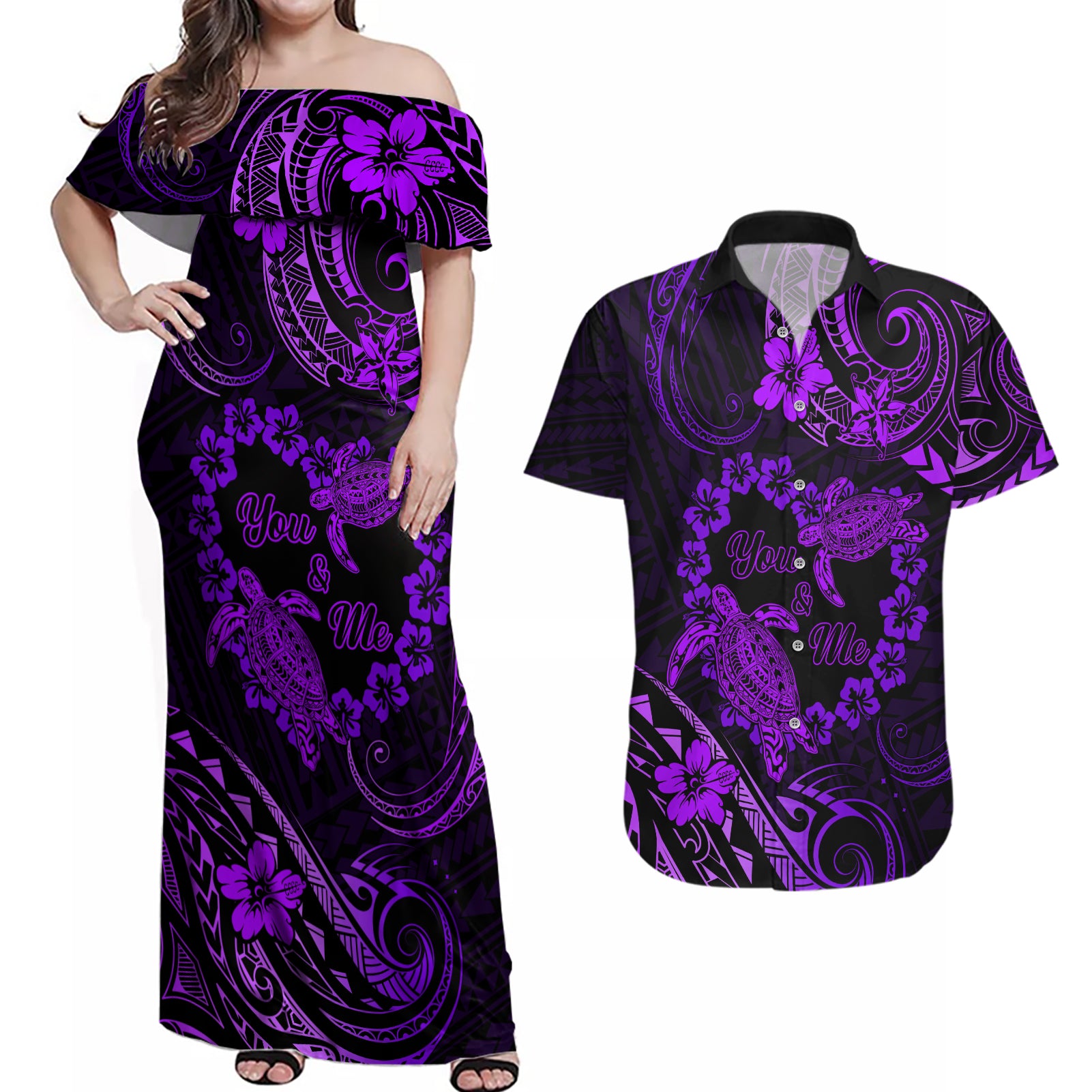 Polynesian Turtle Valentine Couples Matching Off Shoulder Maxi Dress and Hawaiian Shirt You And Me Purple Hibiscus Heart LT01 Purple - Polynesian Pride