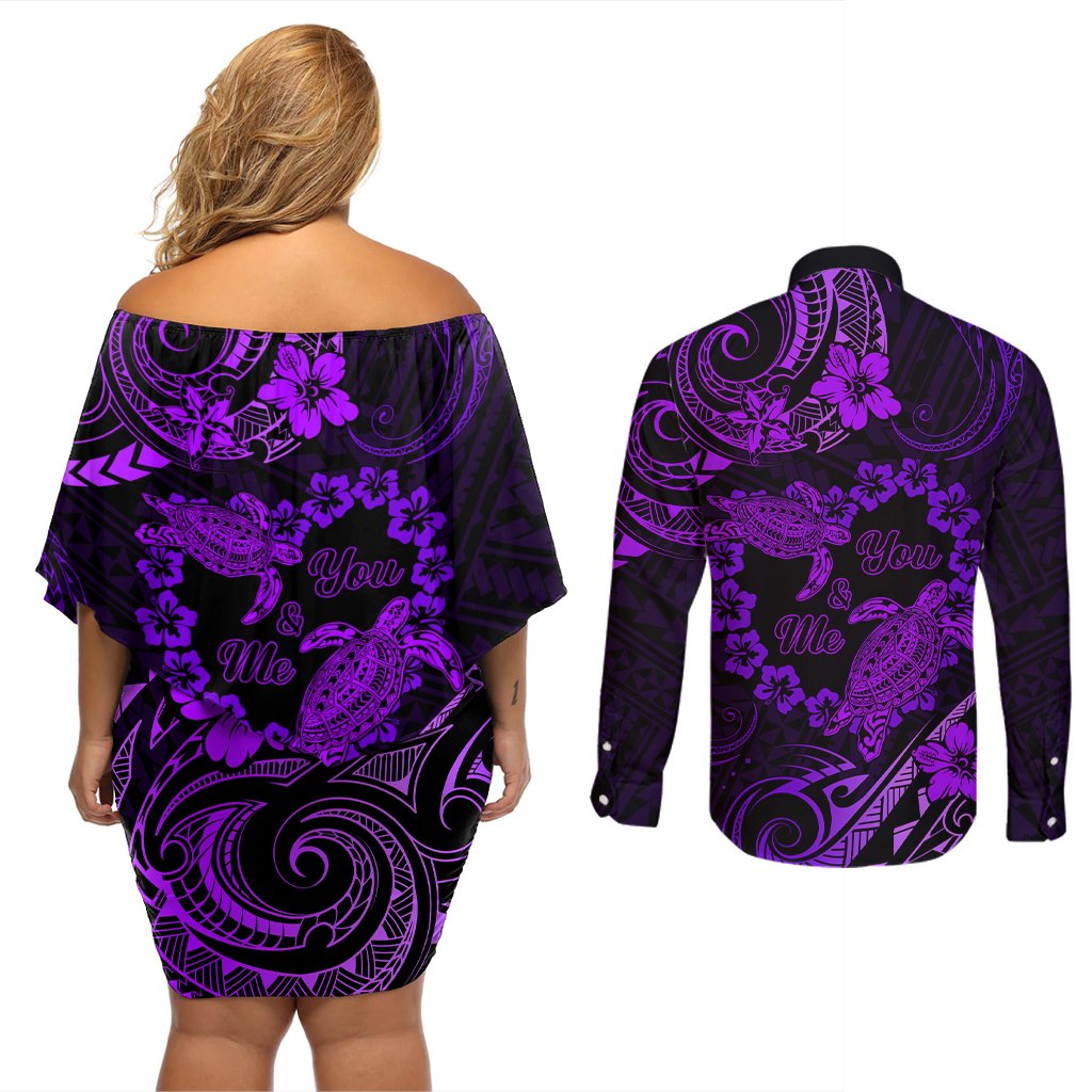 Polynesian Turtle Valentine Couples Matching Off Shoulder Short Dress and Long Sleeve Button Shirt You And Me Purple Hibiscus Heart LT01 - Polynesian Pride