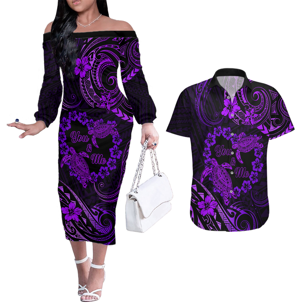 Polynesian Turtle Valentine Couples Matching Off The Shoulder Long Sleeve Dress and Hawaiian Shirt You And Me Purple Hibiscus Heart LT01 Purple - Polynesian Pride