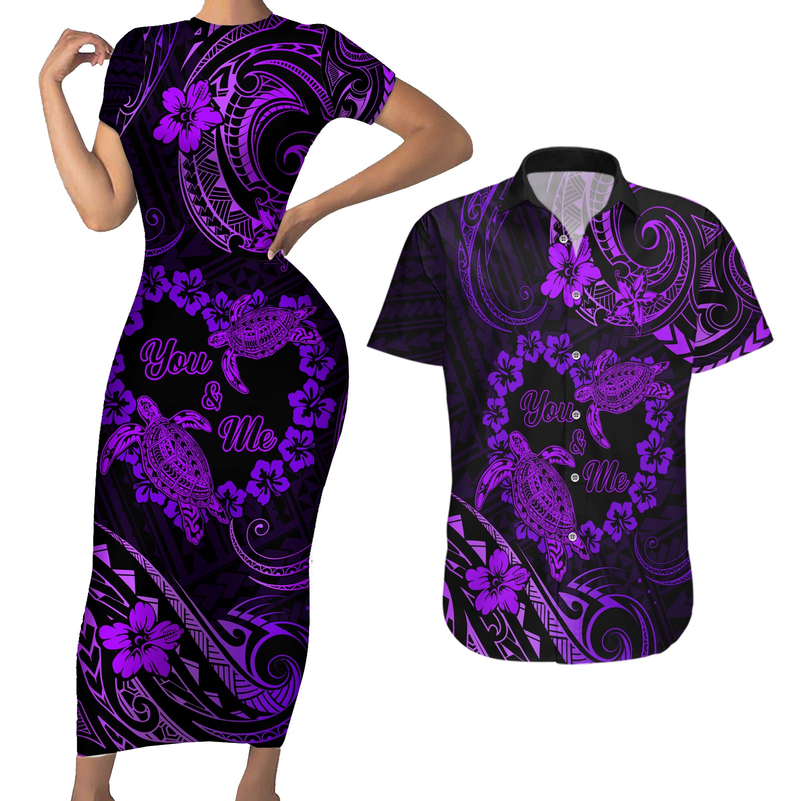 Polynesian Turtle Valentine Couples Matching Short Sleeve Bodycon Dress and Hawaiian Shirt You And Me Purple Hibiscus Heart LT01 Purple - Polynesian Pride