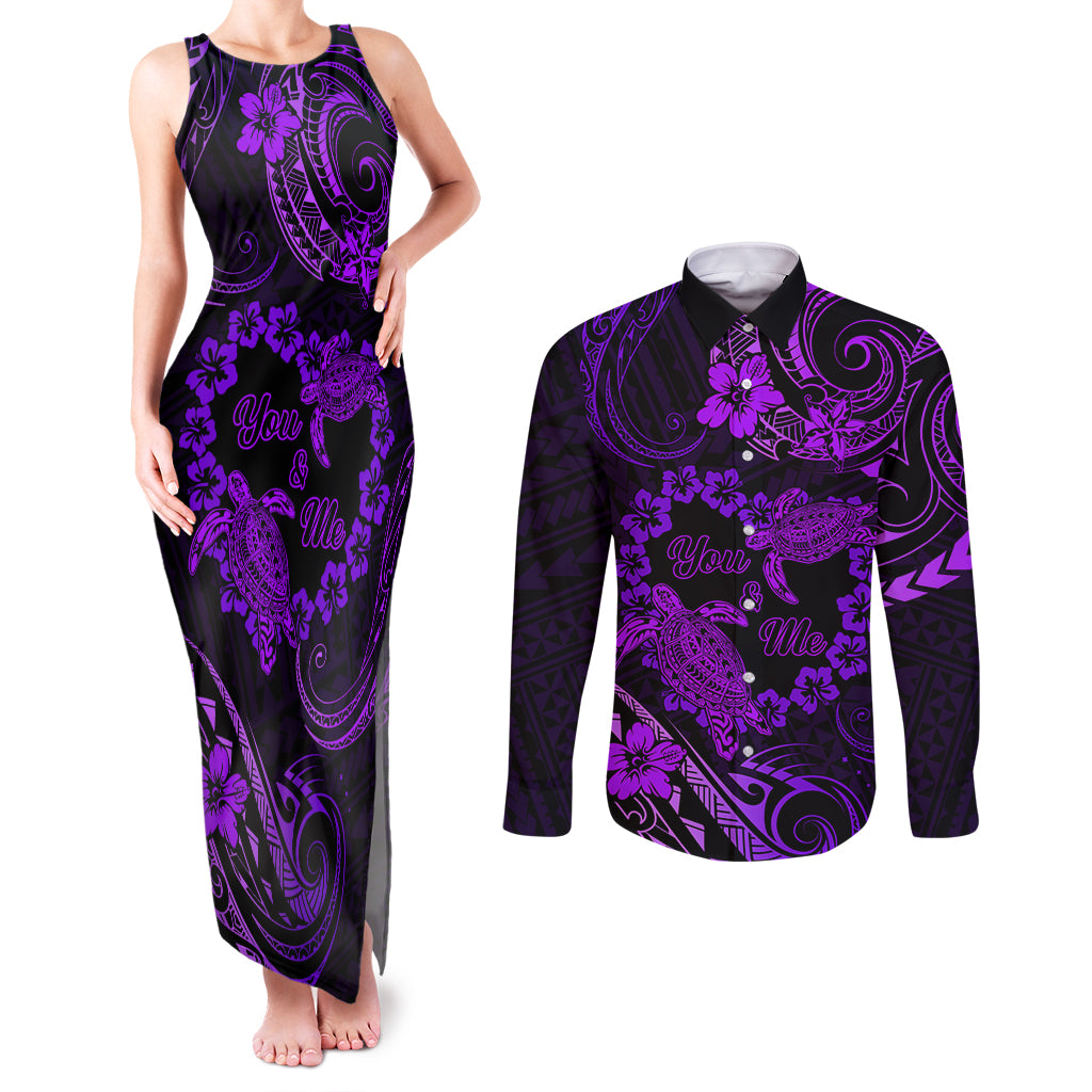 Polynesian Turtle Valentine Couples Matching Tank Maxi Dress and Long Sleeve Button Shirt You And Me Purple Hibiscus Heart LT01 Purple - Polynesian Pride