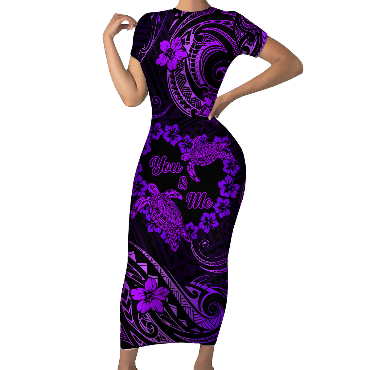 Polynesian Turtle Valentine Family Matching Short Sleeve Bodycon Dress and Hawaiian Shirt You And Me Purple Hibiscus Heart LT01 Mom's Dress Purple - Polynesian Pride