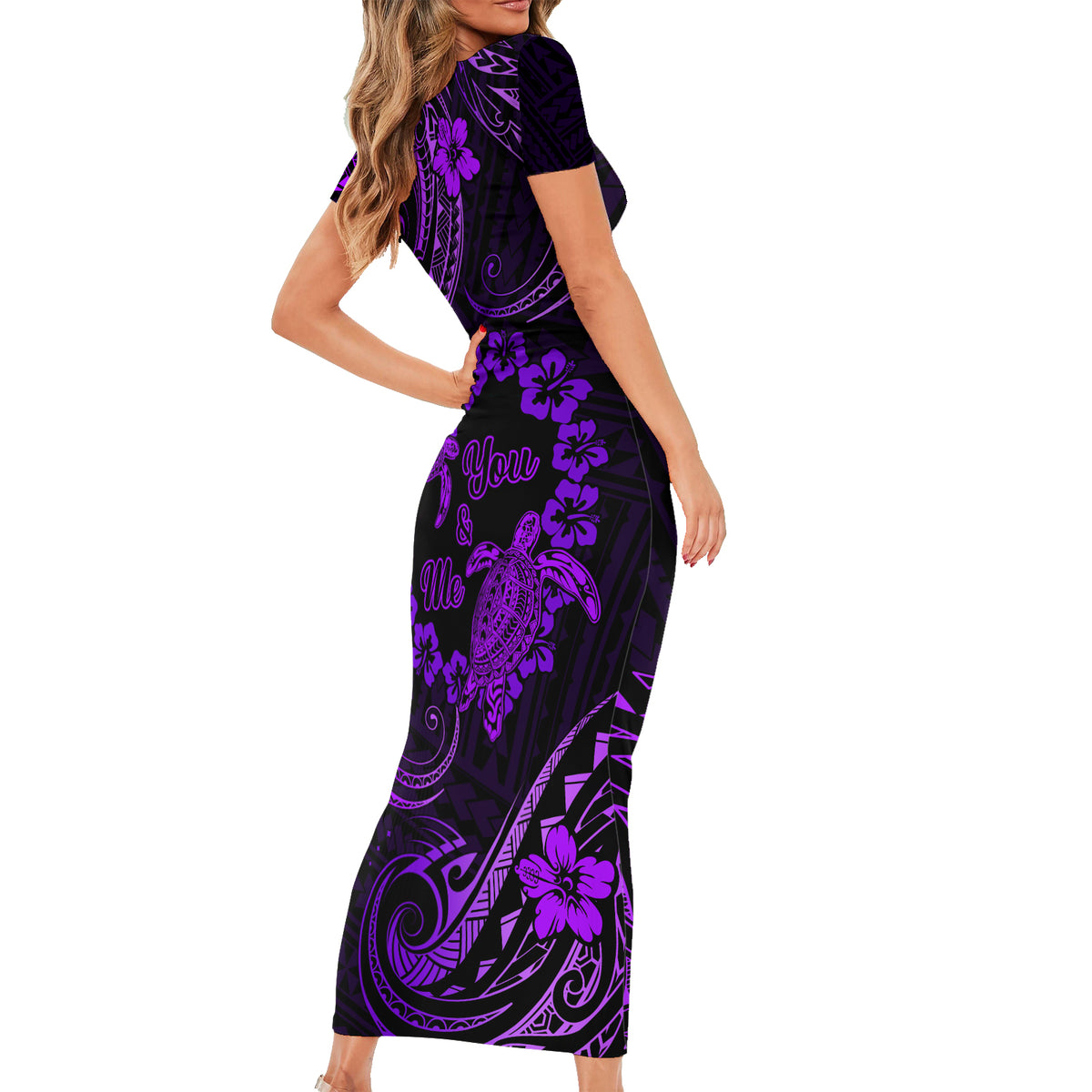 Polynesian Turtle Valentine Family Matching Short Sleeve Bodycon Dress and Hawaiian Shirt You And Me Purple Hibiscus Heart LT01 - Polynesian Pride