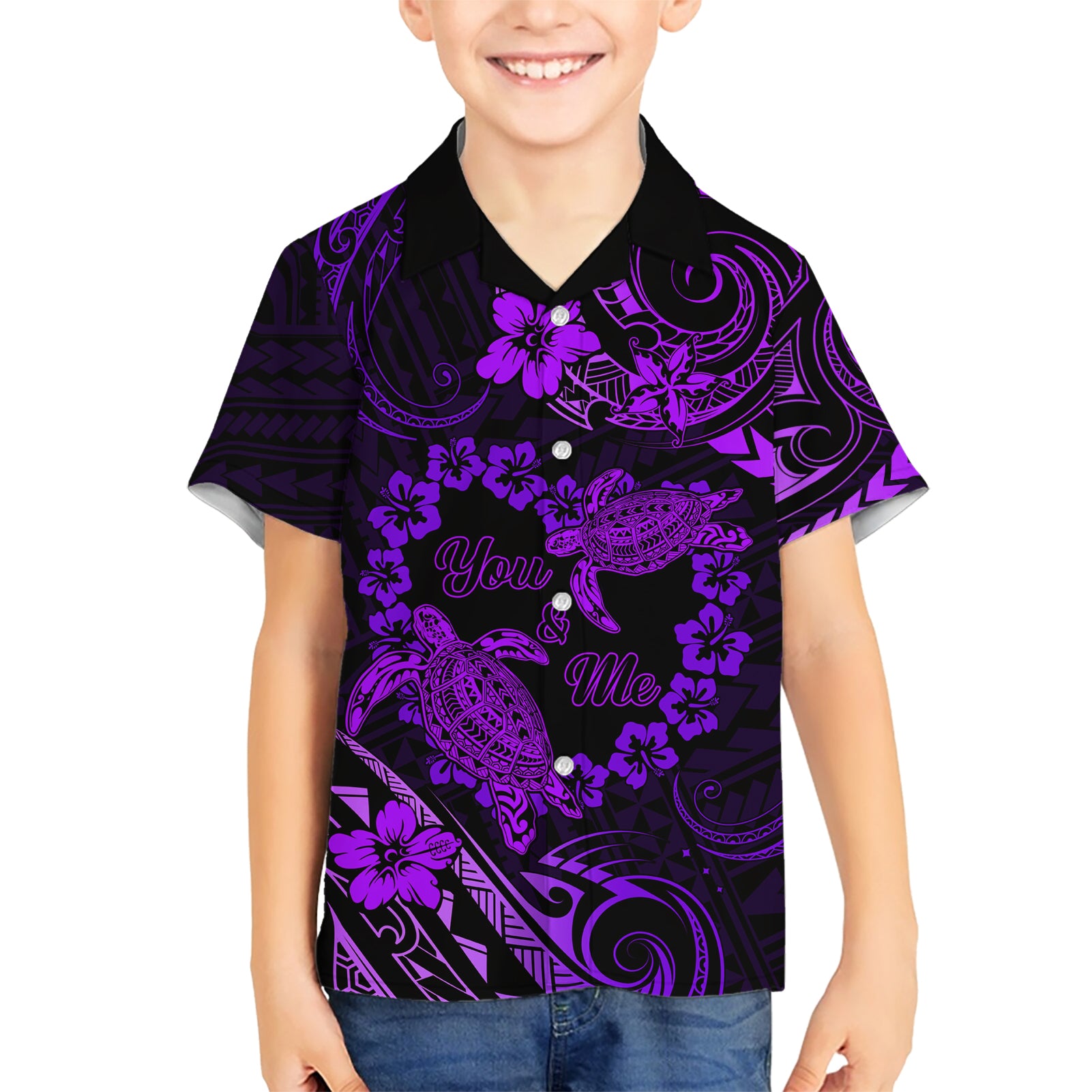 Polynesian Turtle Valentine Kid Hawaiian Shirt You And Me Purple Hibiscus Heart LT01 Kid Purple - Polynesian Pride
