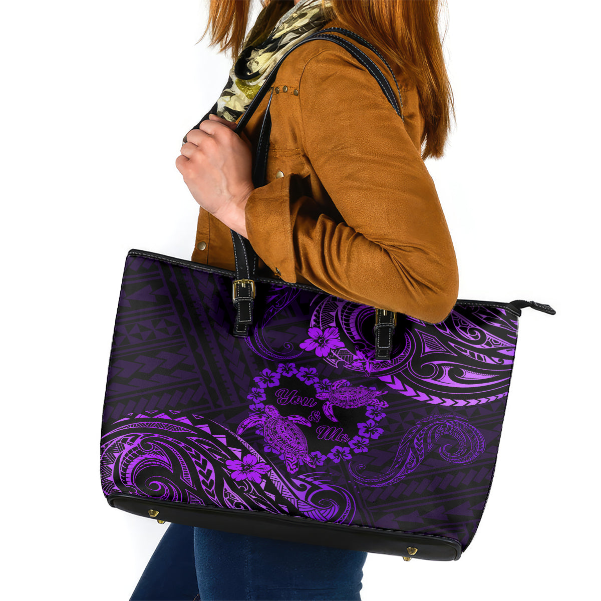 Polynesian Turtle Valentine Leather Tote Bag You And Me Purple Hibiscus Heart LT01 Purple - Polynesian Pride