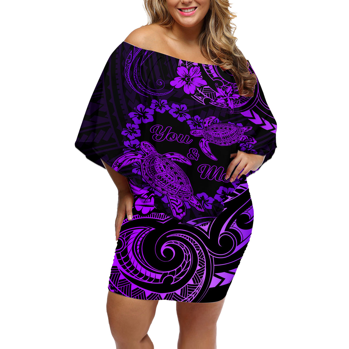 Polynesian Turtle Valentine Off Shoulder Short Dress You And Me Purple Hibiscus Heart LT01 Women Purple - Polynesian Pride