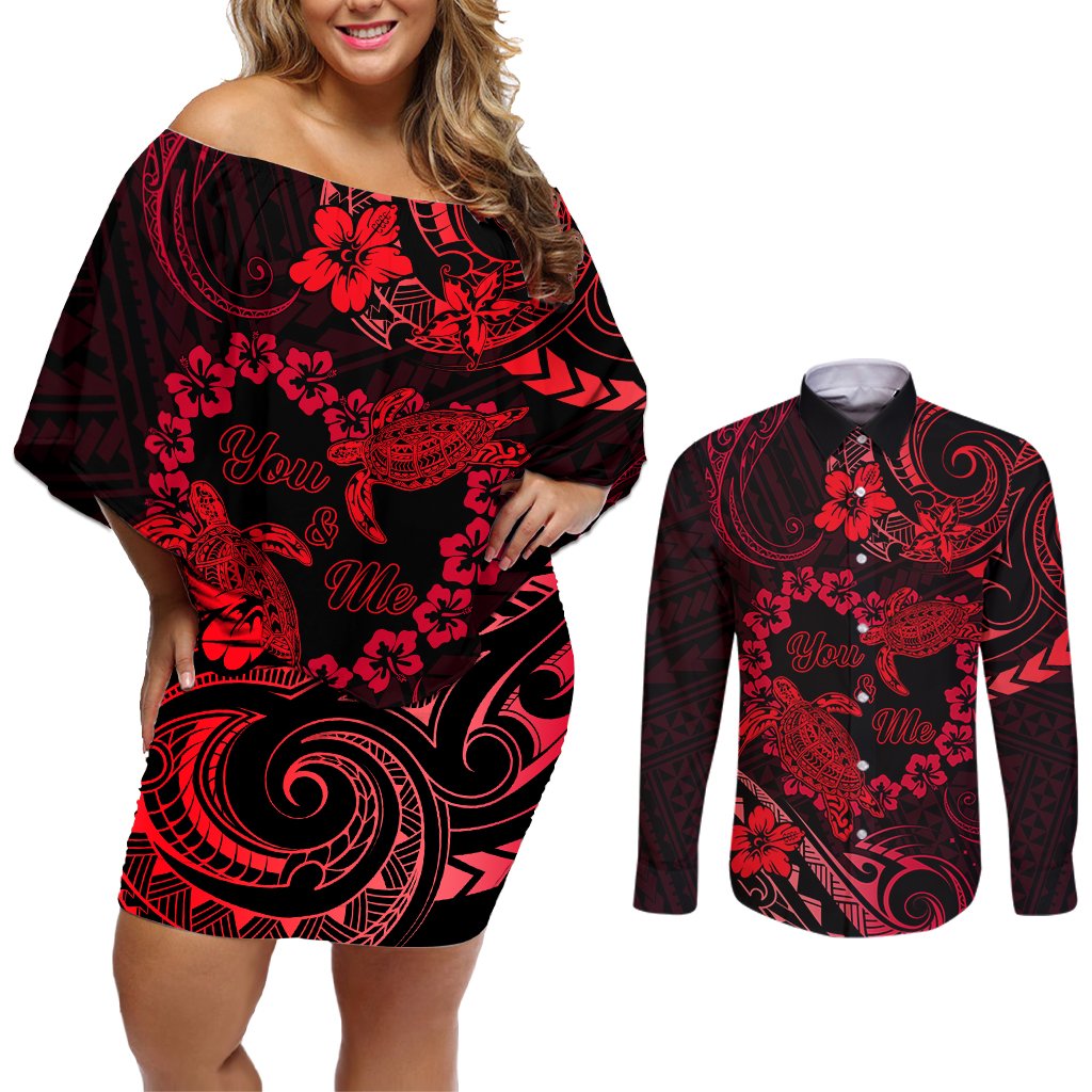Polynesian Turtle Valentine Couples Matching Off Shoulder Short Dress and Long Sleeve Button Shirt You And Me Red Hibiscus Heart LT01 Red - Polynesian Pride