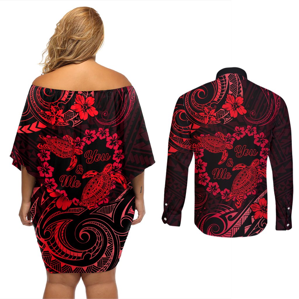 Polynesian Turtle Valentine Couples Matching Off Shoulder Short Dress and Long Sleeve Button Shirt You And Me Red Hibiscus Heart LT01 - Polynesian Pride