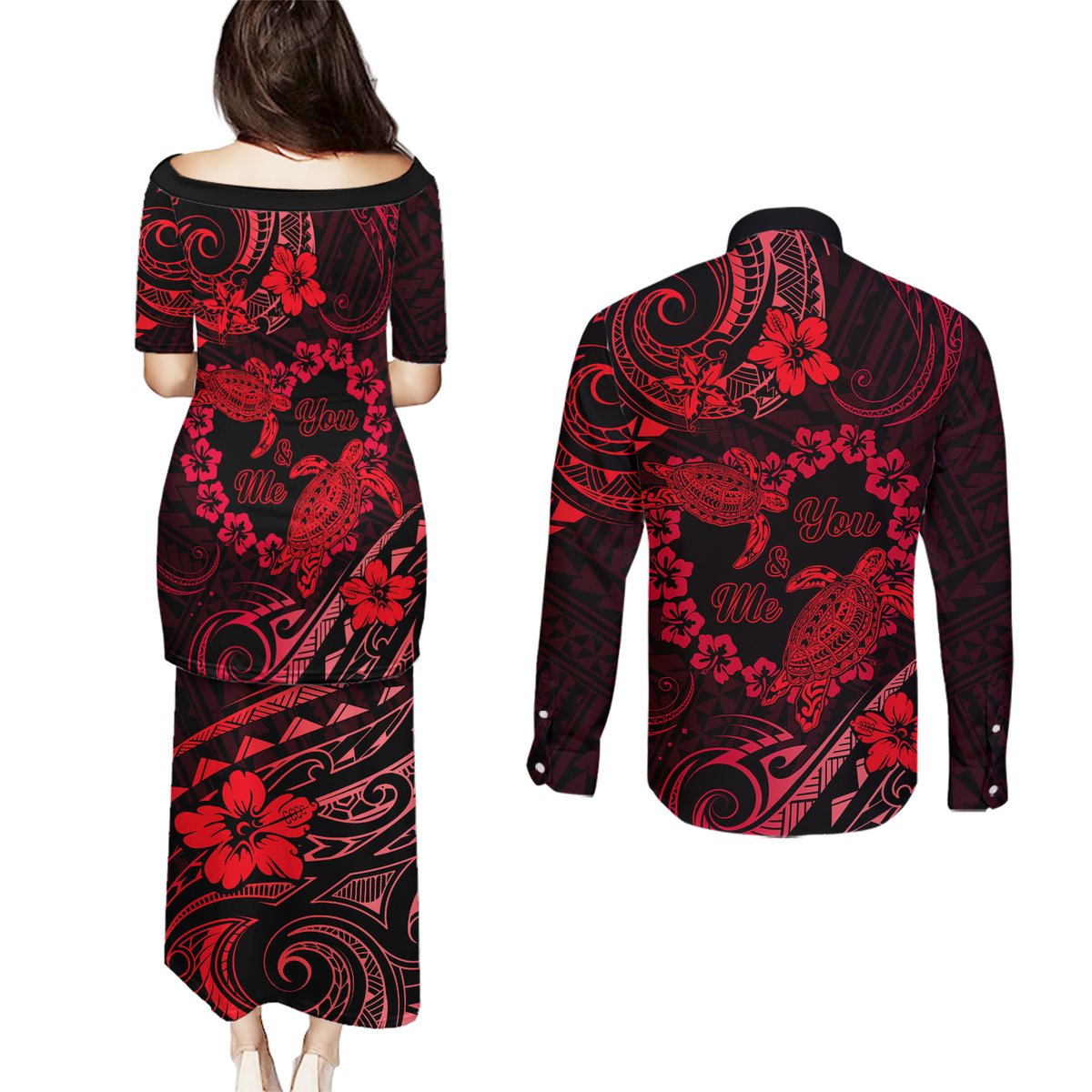 Polynesian Turtle Valentine Couples Matching Puletasi and Long Sleeve Button Shirt You And Me Red Hibiscus Heart LT01 - Polynesian Pride