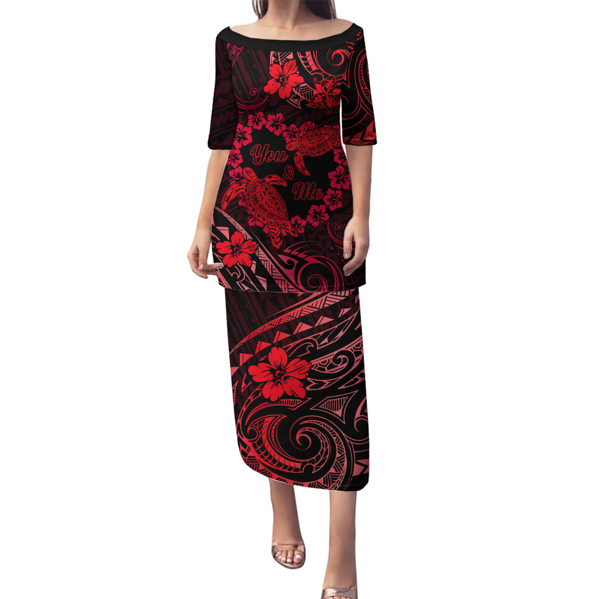 Polynesian Turtle Valentine Family Matching Puletasi and Hawaiian Shirt You And Me Red Hibiscus Heart LT01 Mom's Dress Red - Polynesian Pride