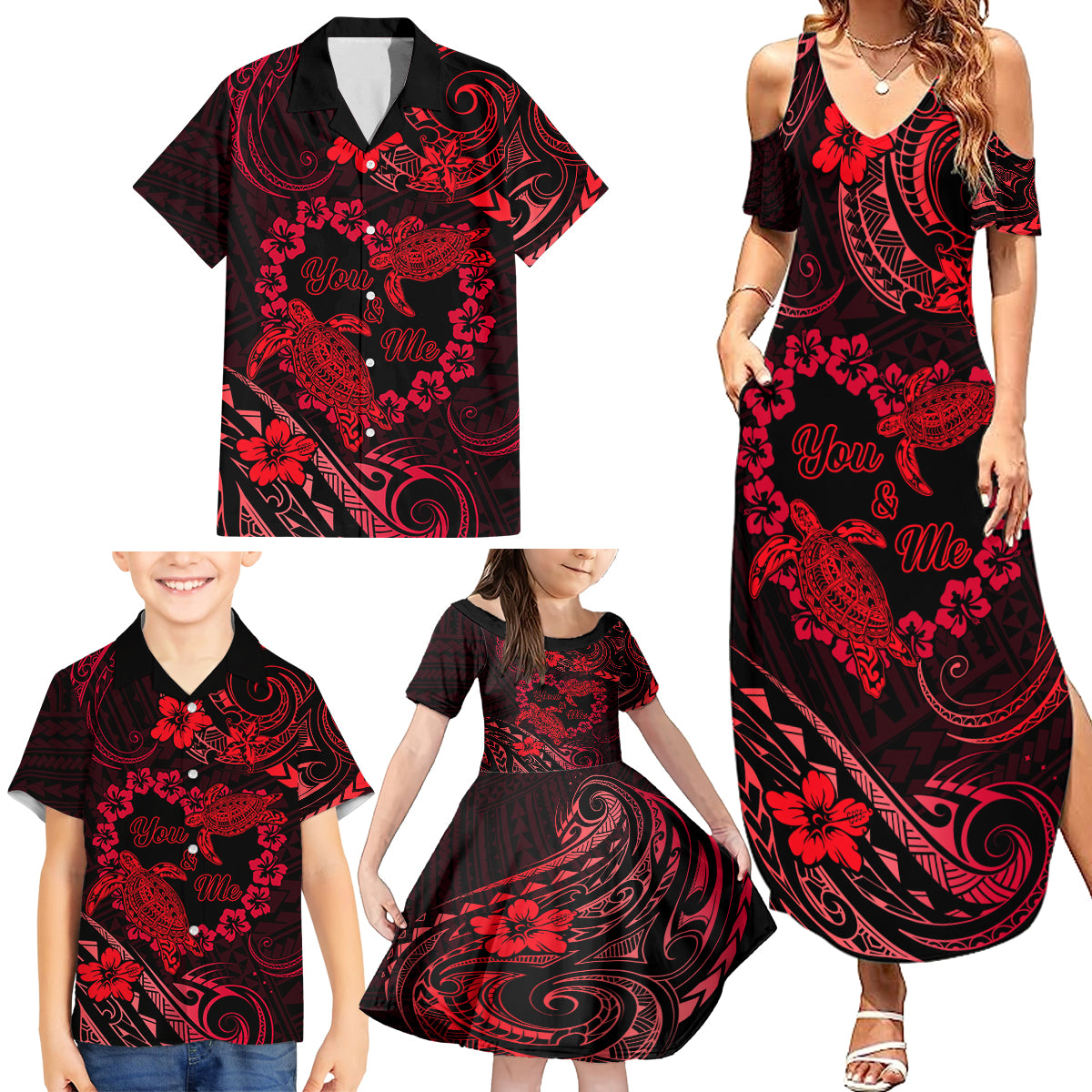 Polynesian Turtle Valentine Family Matching Summer Maxi Dress and Hawaiian Shirt You And Me Red Hibiscus Heart LT01 - Polynesian Pride