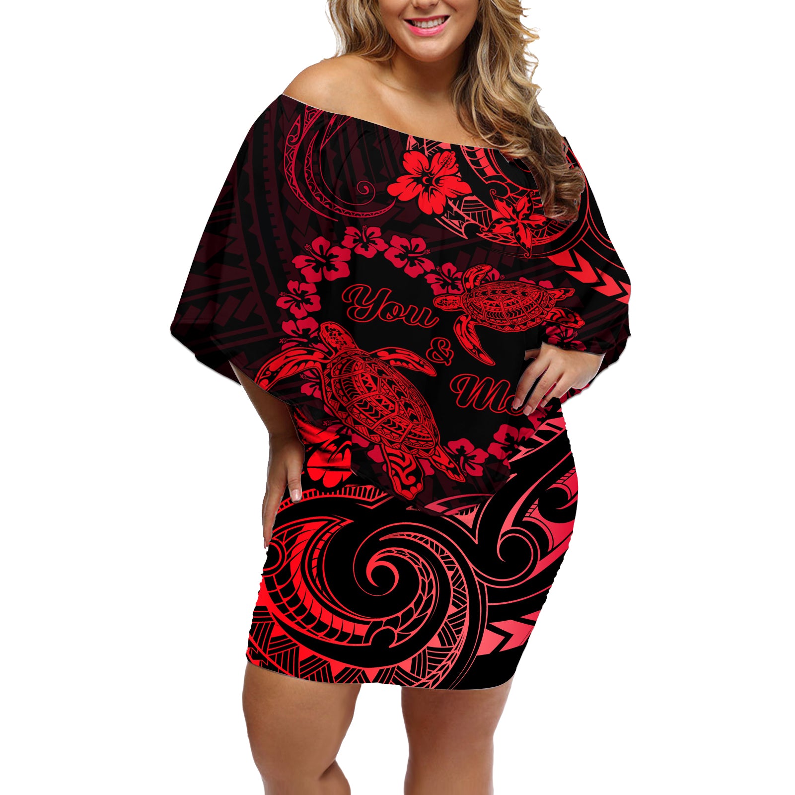 Polynesian Turtle Valentine Off Shoulder Short Dress You And Me Red Hibiscus Heart LT01 Women Red - Polynesian Pride