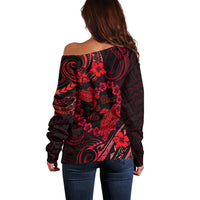 Polynesian Turtle Valentine Off Shoulder Sweater You And Me Red Hibiscus Heart LT01 - Polynesian Pride