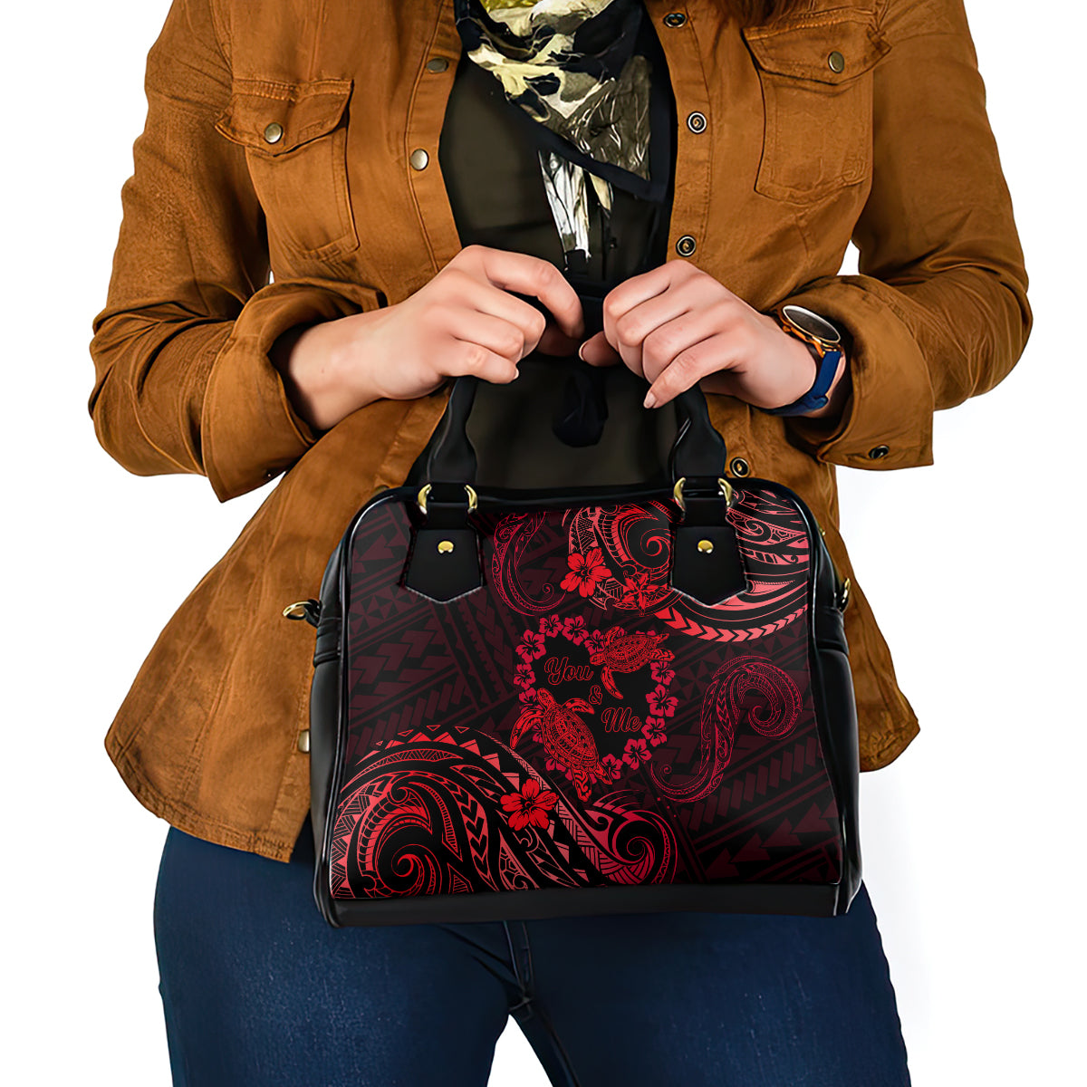 Polynesian Turtle Valentine Shoulder Handbag You And Me Red Hibiscus Heart LT01 - Polynesian Pride