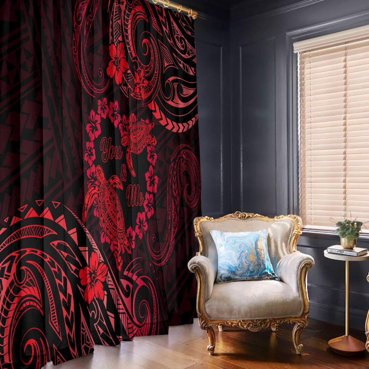 Polynesian Turtle Valentine Window Curtain You And Me Red Hibiscus Heart LT01 - Polynesian Pride