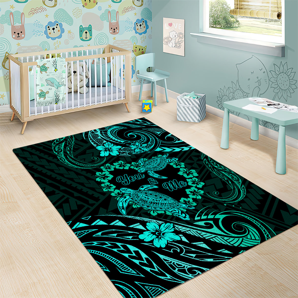 Polynesian Turtle Valentine Area Rug You And Me Turquoise Hibiscus Heart LT01 - Polynesian Pride