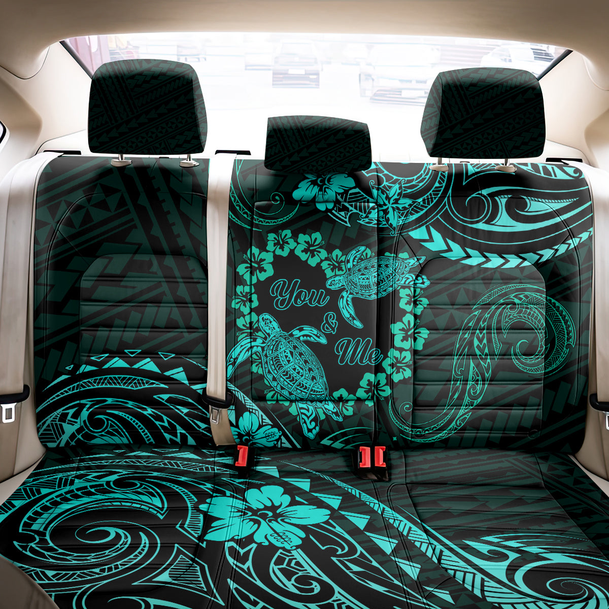 Polynesian Turtle Valentine Back Car Seat Cover You And Me Turquoise Hibiscus Heart LT01 - Polynesian Pride