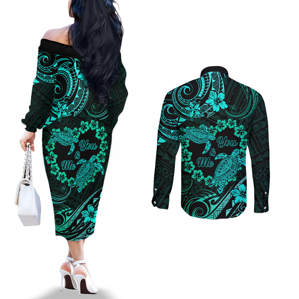 Polynesian Turtle Valentine Couples Matching Off The Shoulder Long Sleeve Dress and Long Sleeve Button Shirt You And Me Turquoise Hibiscus Heart LT01 - Polynesian Pride