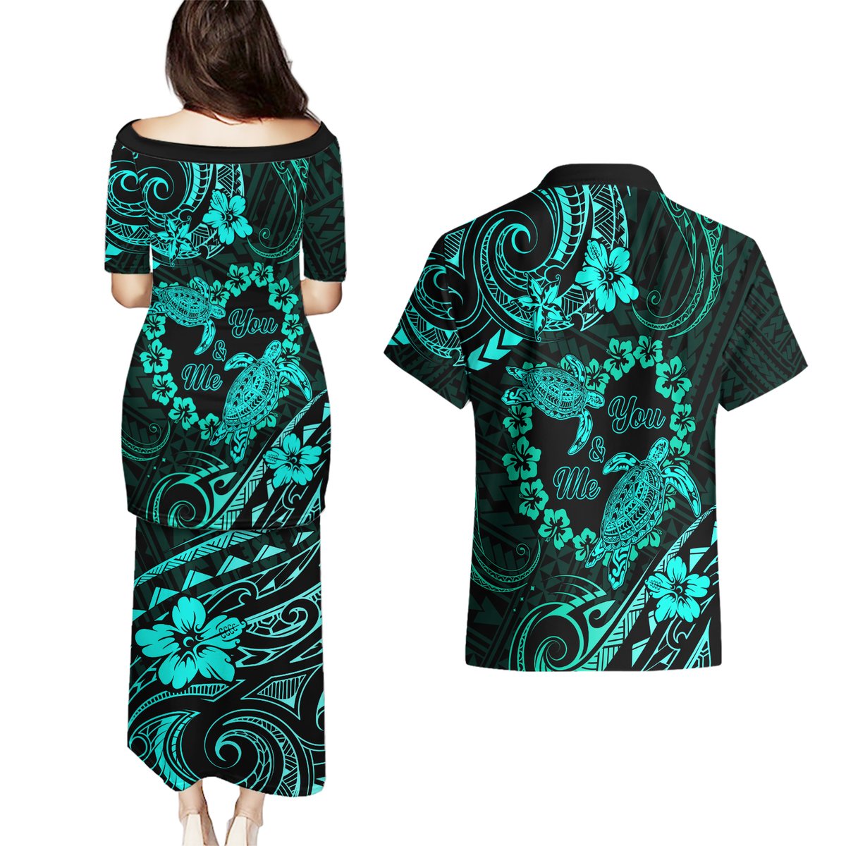Polynesian Turtle Valentine Couples Matching Puletasi and Hawaiian Shirt You And Me Turquoise Hibiscus Heart LT01 - Polynesian Pride