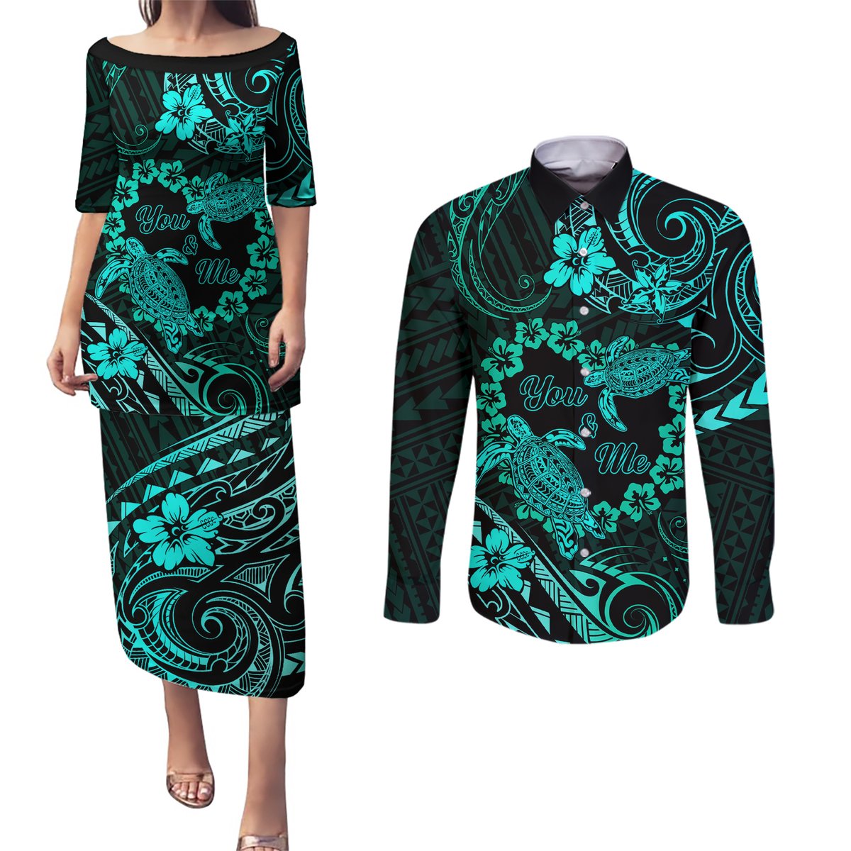 Polynesian Turtle Valentine Couples Matching Puletasi and Long Sleeve Button Shirt You And Me Turquoise Hibiscus Heart LT01 Turquoise - Polynesian Pride