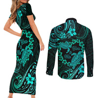 Polynesian Turtle Valentine Couples Matching Short Sleeve Bodycon Dress and Long Sleeve Button Shirt You And Me Turquoise Hibiscus Heart LT01 - Polynesian Pride