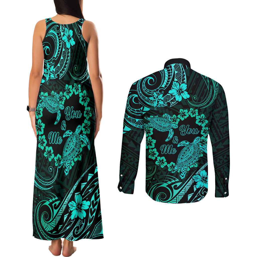 Polynesian Turtle Valentine Couples Matching Tank Maxi Dress and Long Sleeve Button Shirt You And Me Turquoise Hibiscus Heart LT01 - Polynesian Pride