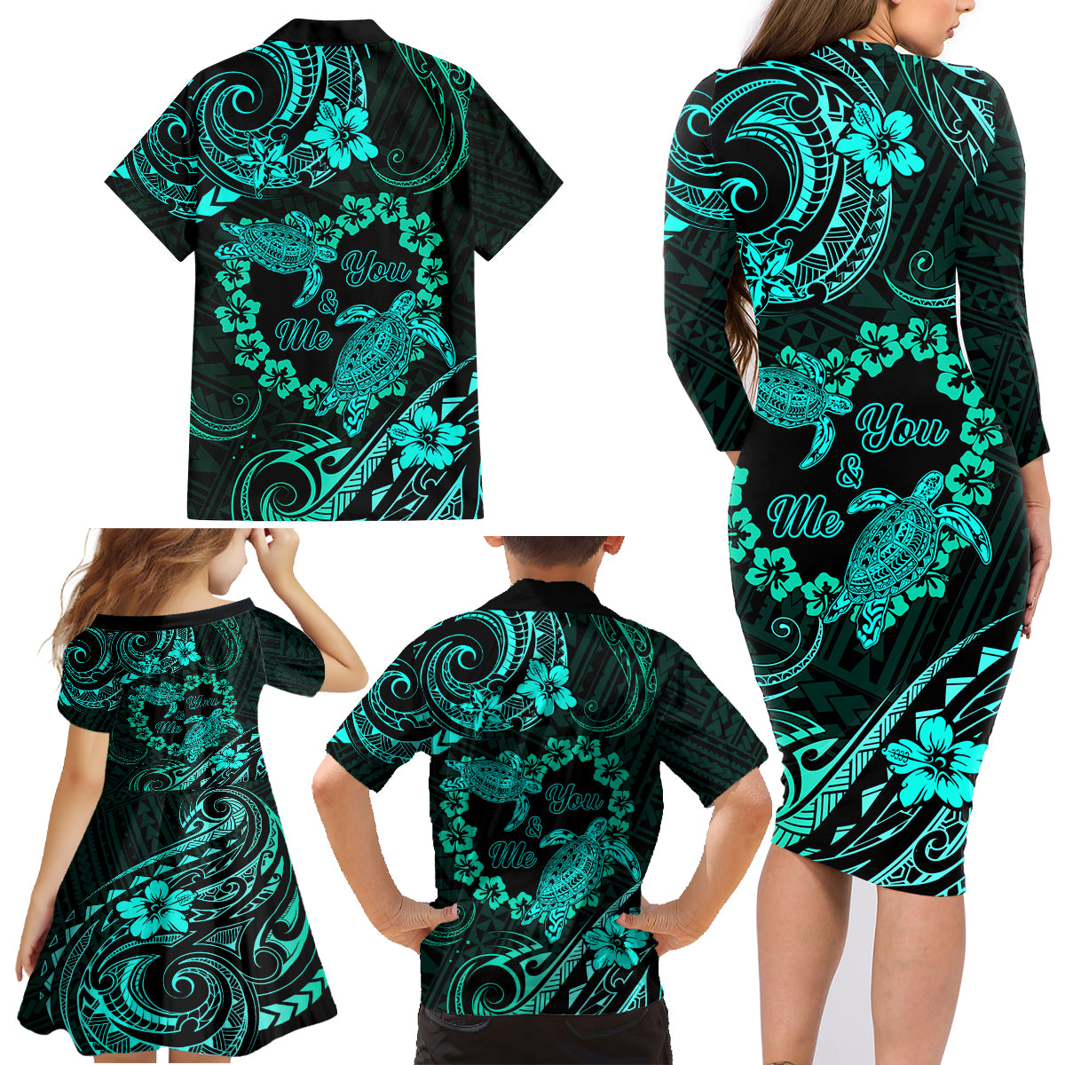 Polynesian Turtle Valentine Family Matching Long Sleeve Bodycon Dress and Hawaiian Shirt You And Me Turquoise Hibiscus Heart LT01 - Polynesian Pride