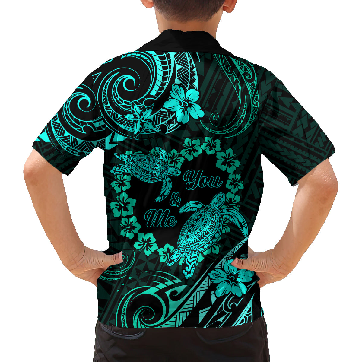 Polynesian Turtle Valentine Family Matching Off Shoulder Long Sleeve Dress and Hawaiian Shirt You And Me Turquoise Hibiscus Heart LT01 - Polynesian Pride
