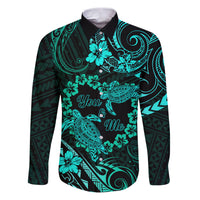 Polynesian Turtle Valentine Family Matching Puletasi and Hawaiian Shirt You And Me Turquoise Hibiscus Heart LT01 Dad's Shirt - Long Sleeve Turquoise - Polynesian Pride