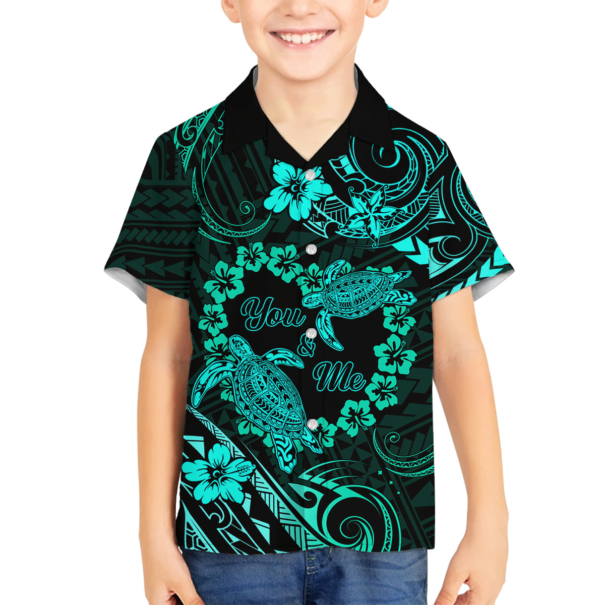 Polynesian Turtle Valentine Family Matching Puletasi and Hawaiian Shirt You And Me Turquoise Hibiscus Heart LT01 Son's Shirt Turquoise - Polynesian Pride