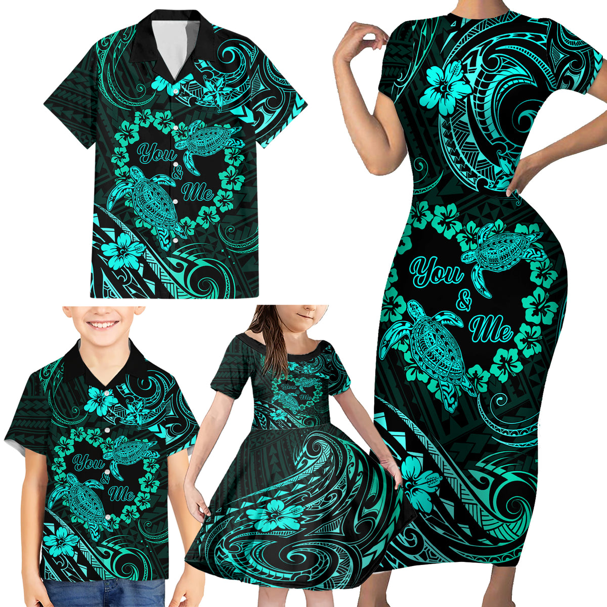 Polynesian Turtle Valentine Family Matching Short Sleeve Bodycon Dress and Hawaiian Shirt You And Me Turquoise Hibiscus Heart LT01 - Polynesian Pride