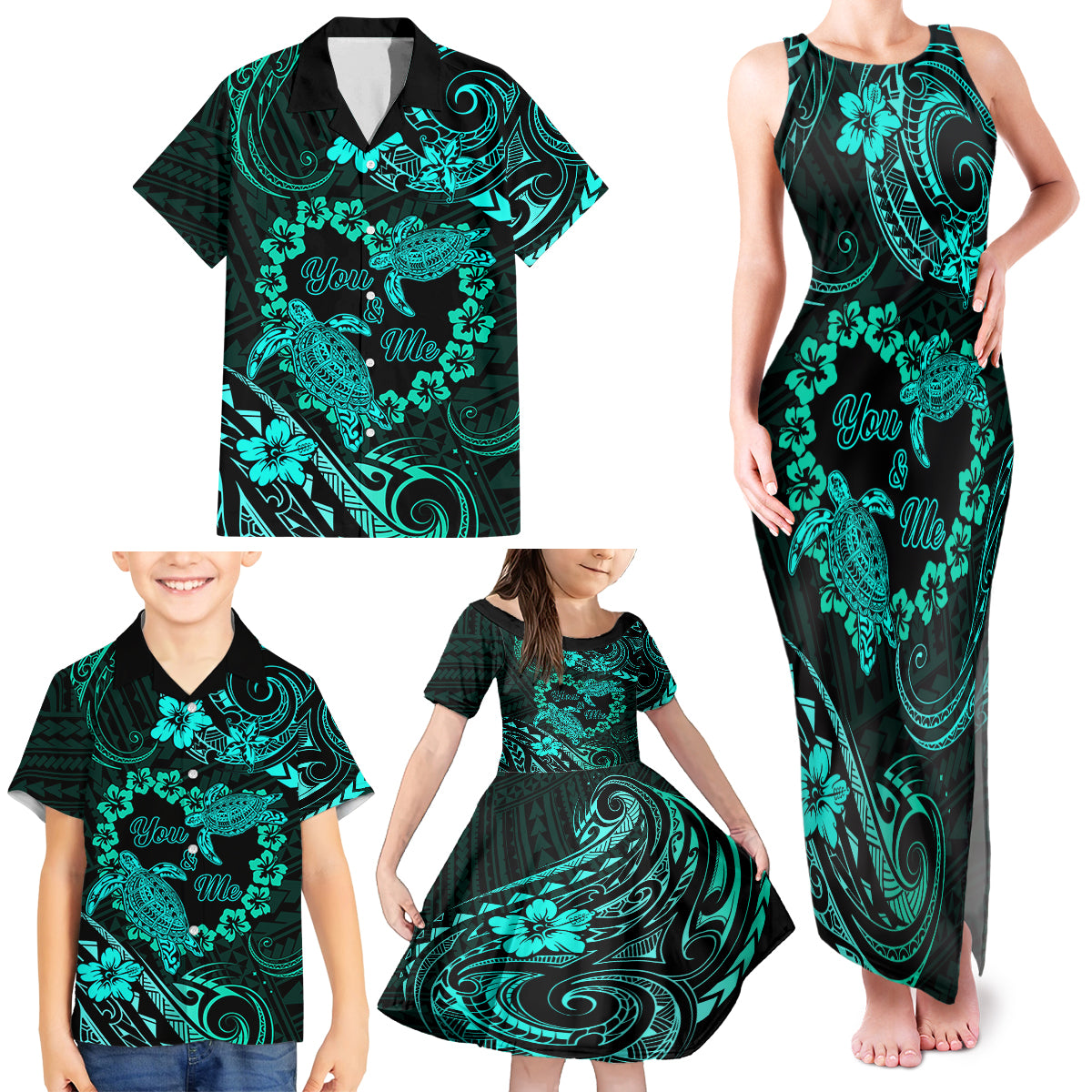 Polynesian Turtle Valentine Family Matching Tank Maxi Dress and Hawaiian Shirt You And Me Turquoise Hibiscus Heart LT01 - Polynesian Pride