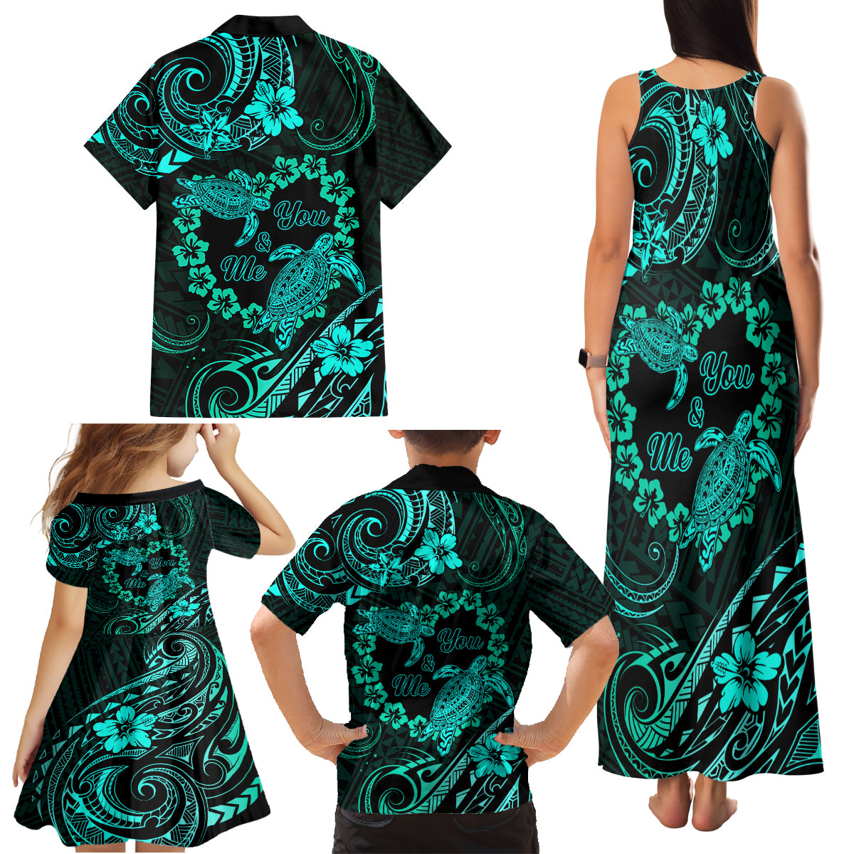 Polynesian Turtle Valentine Family Matching Tank Maxi Dress and Hawaiian Shirt You And Me Turquoise Hibiscus Heart LT01 - Polynesian Pride