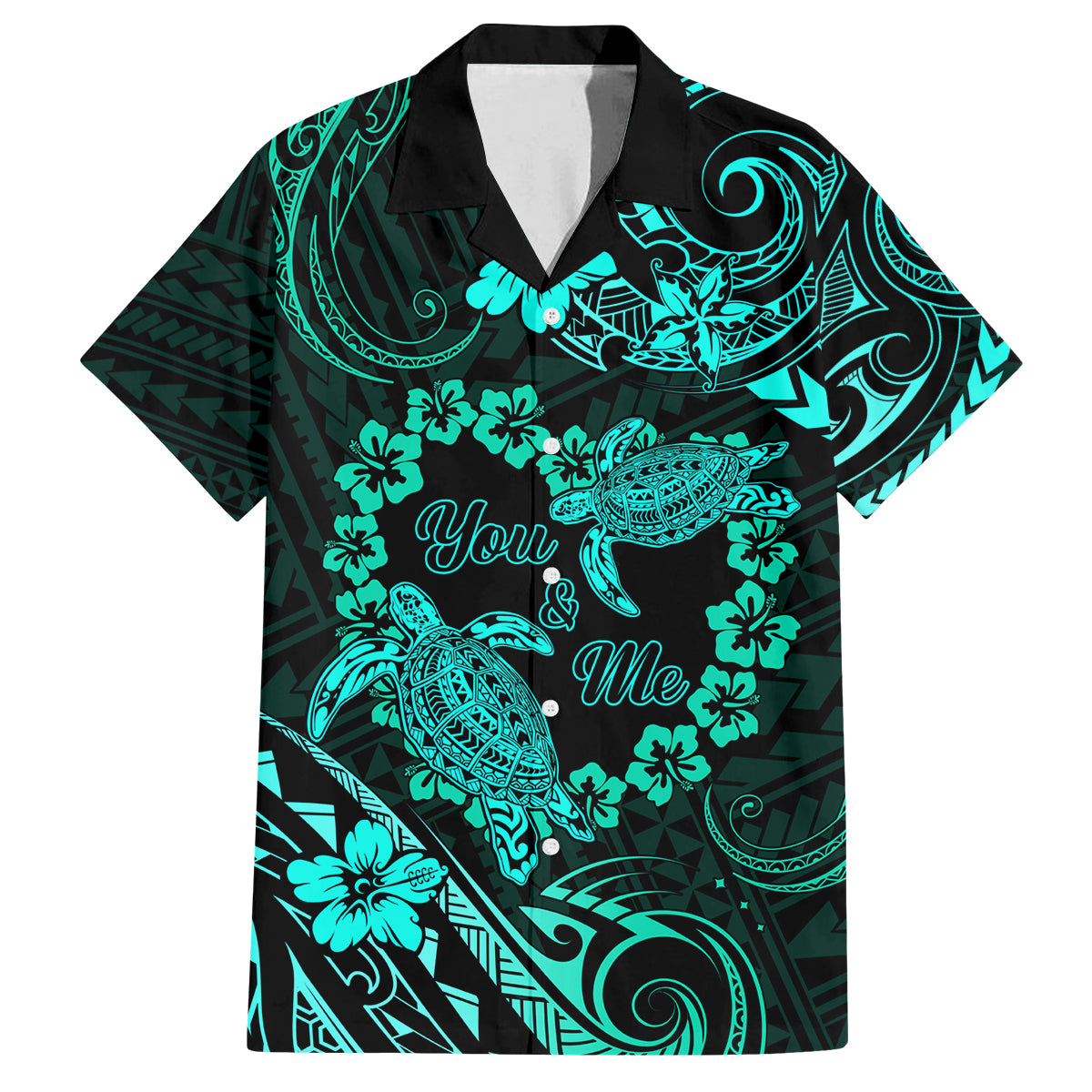 Polynesian Turtle Valentine Family Matching Tank Maxi Dress and Hawaiian Shirt You And Me Turquoise Hibiscus Heart LT01 Dad's Shirt - Short Sleeve Turquoise - Polynesian Pride
