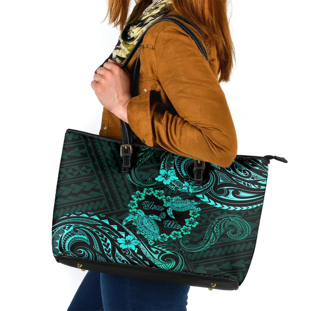 Polynesian Turtle Valentine Leather Tote Bag You And Me Turquoise Hibiscus Heart LT01 Turquoise - Polynesian Pride