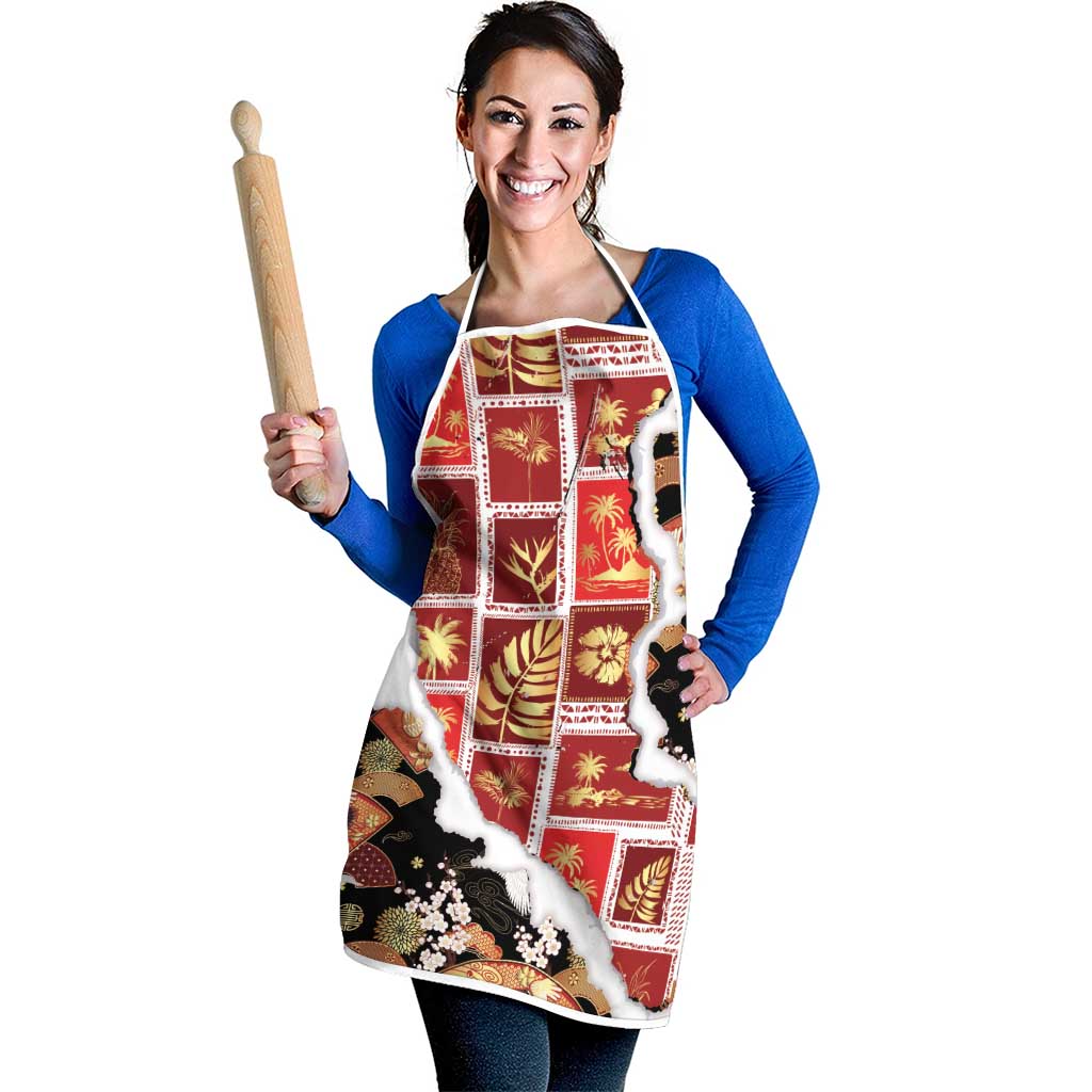 Hawaii Japanese Culture Black Apron Spring Cranes Aloha Pattern