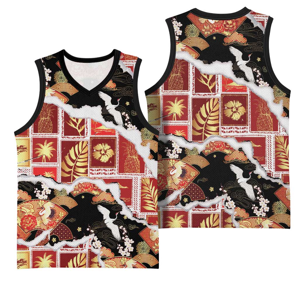 Hawaii Japanese Culture Black Basketball Jersey Spring Cranes Aloha Pattern