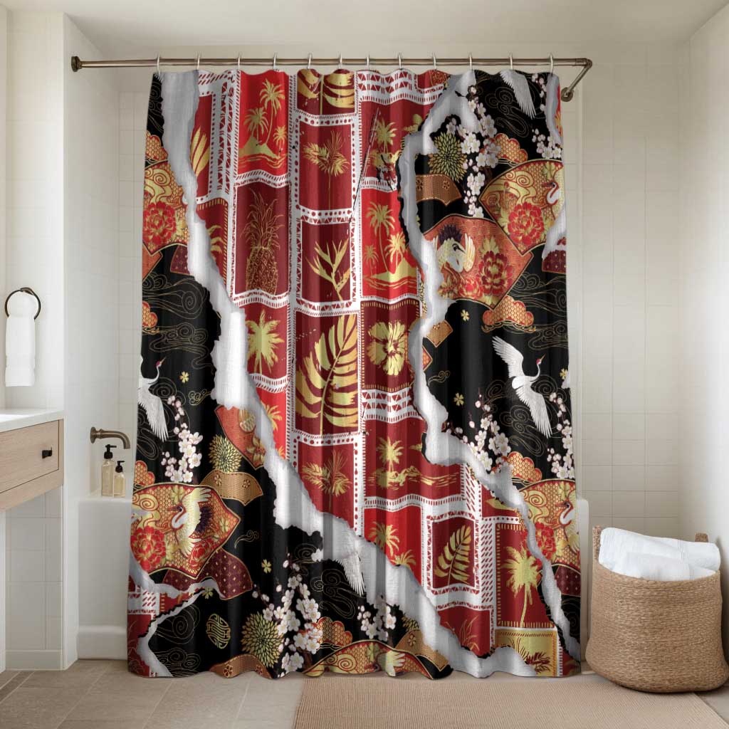 Hawaii Japanese Culture Black Bathroom Set Spring Cranes Aloha Pattern