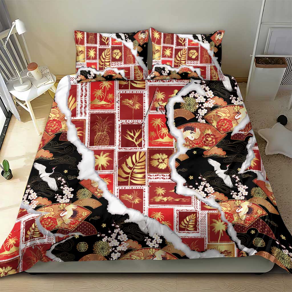 Hawaii Japanese Culture Black Bedding Set Spring Cranes Aloha Pattern