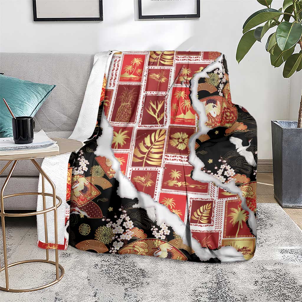 Hawaii Japanese Culture Black Blanket Spring Cranes Aloha Pattern