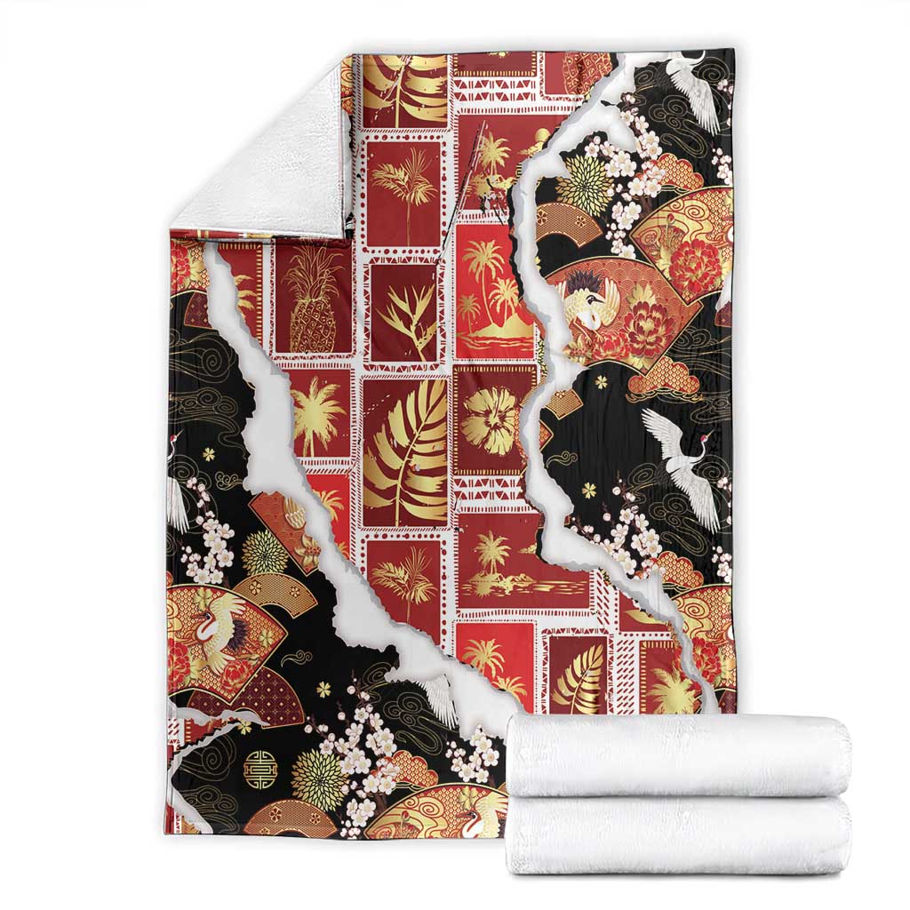 Hawaii Japanese Culture Black Blanket Spring Cranes Aloha Pattern