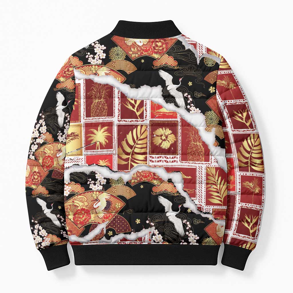 Hawaii Japanese Culture Black Bomber Puffer Jacket Spring Cranes Aloha Pattern