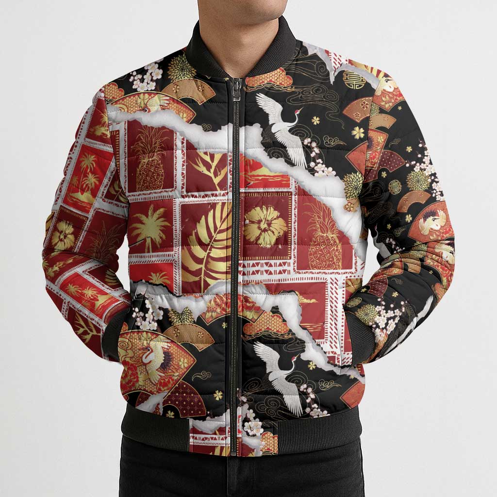 Hawaii Japanese Culture Black Bomber Puffer Jacket Spring Cranes Aloha Pattern
