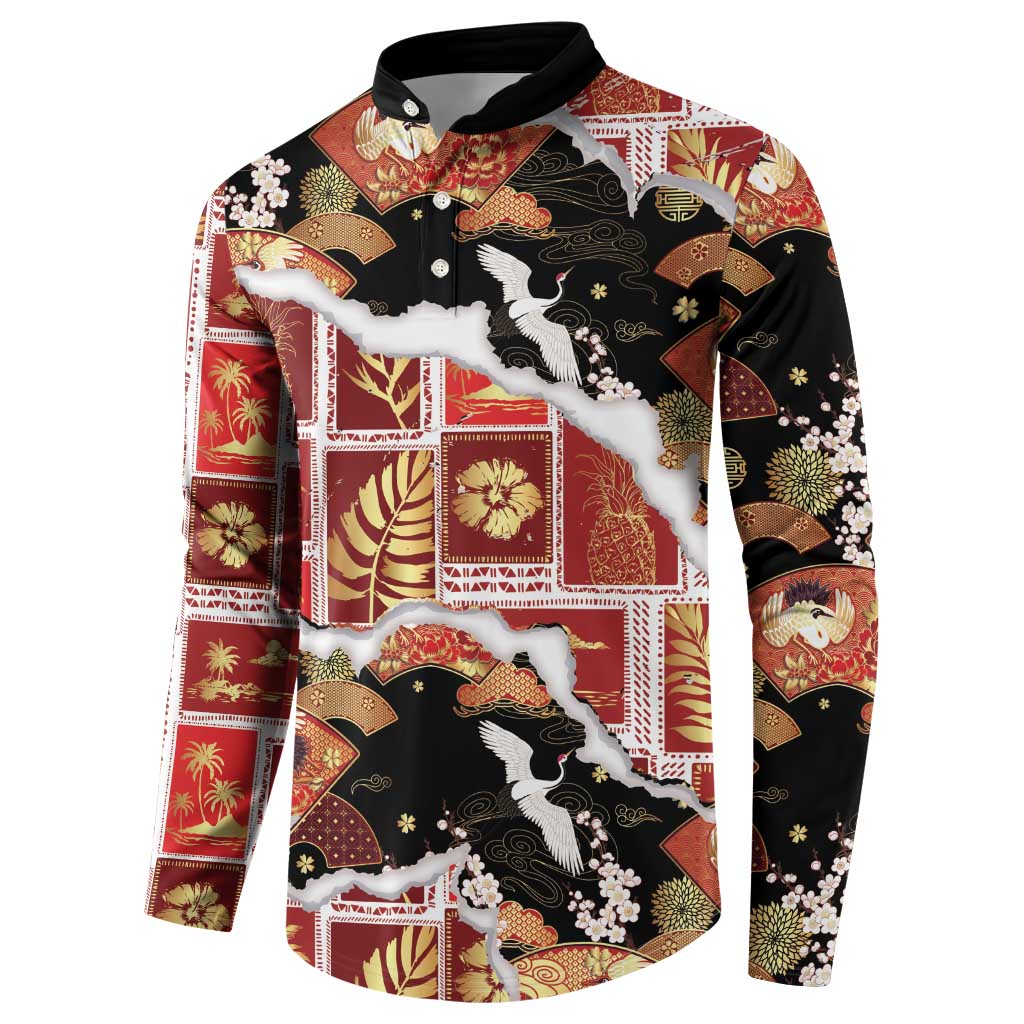 Hawaii Japanese Culture Black Button Sweatshirt Spring Cranes Aloha Pattern