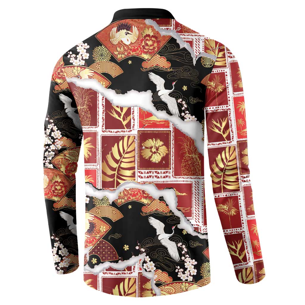 Hawaii Japanese Culture Black Button Sweatshirt Spring Cranes Aloha Pattern