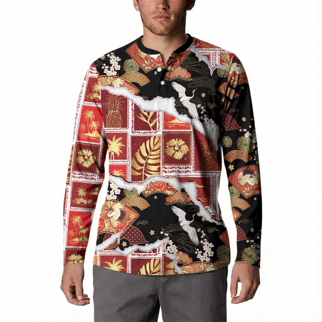 Hawaii Japanese Culture Black Button Sweatshirt Spring Cranes Aloha Pattern
