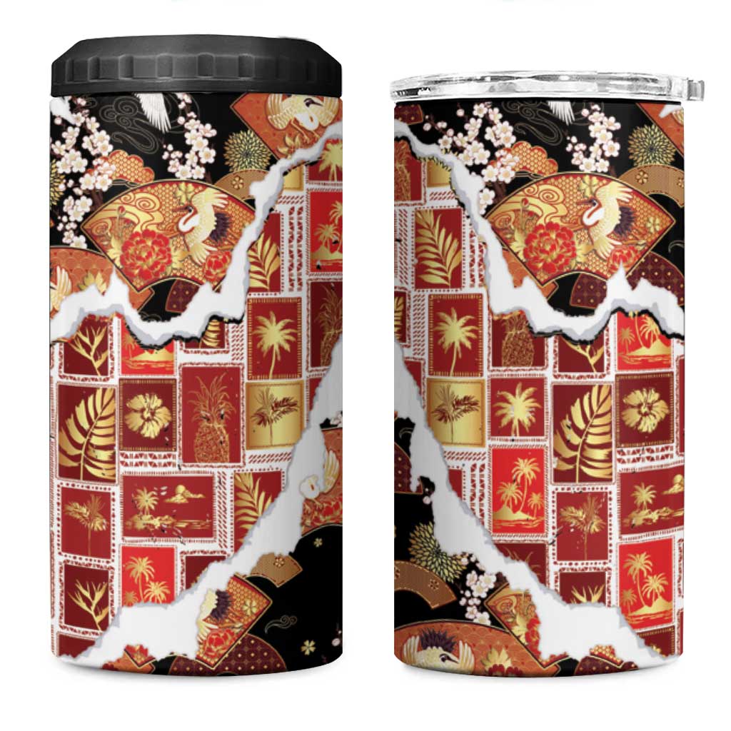 Hawaii Japanese Culture Black 4 in 1 Can Cooler Tumbler Spring Cranes Aloha Pattern